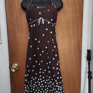 Y2k Brown and blue polka dot dress with white ribbon